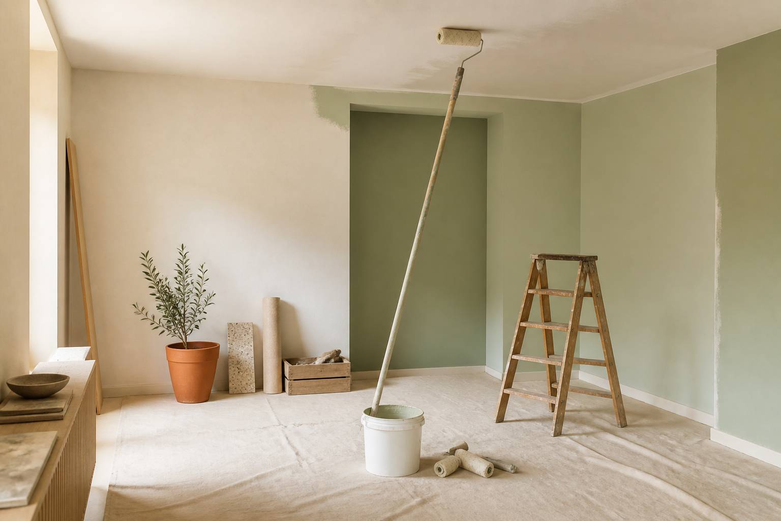 Rouleau sur perche peignant un plafond blanc dans une pièce en rénovation