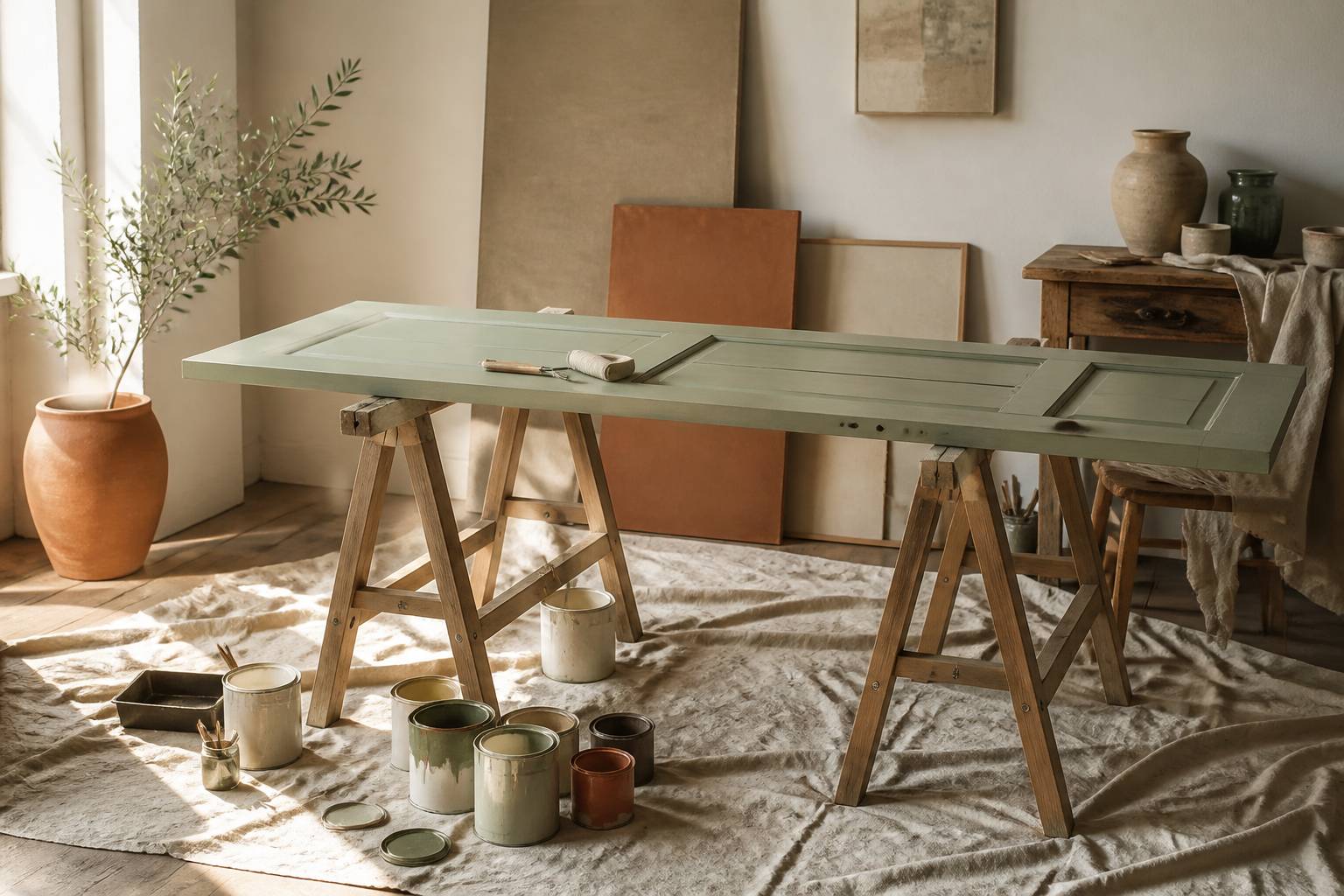 Porte en bois sur tréteaux avec pots de peinture et rouleau