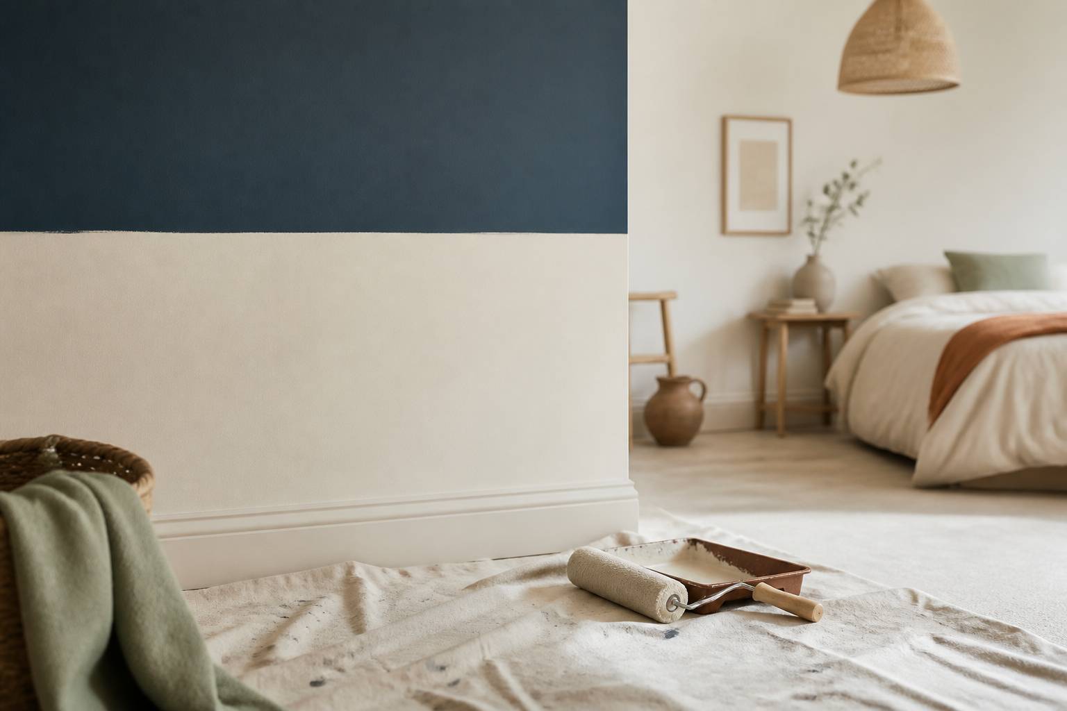 Limite nette entre bleu profond et beige clair sur un mur peint