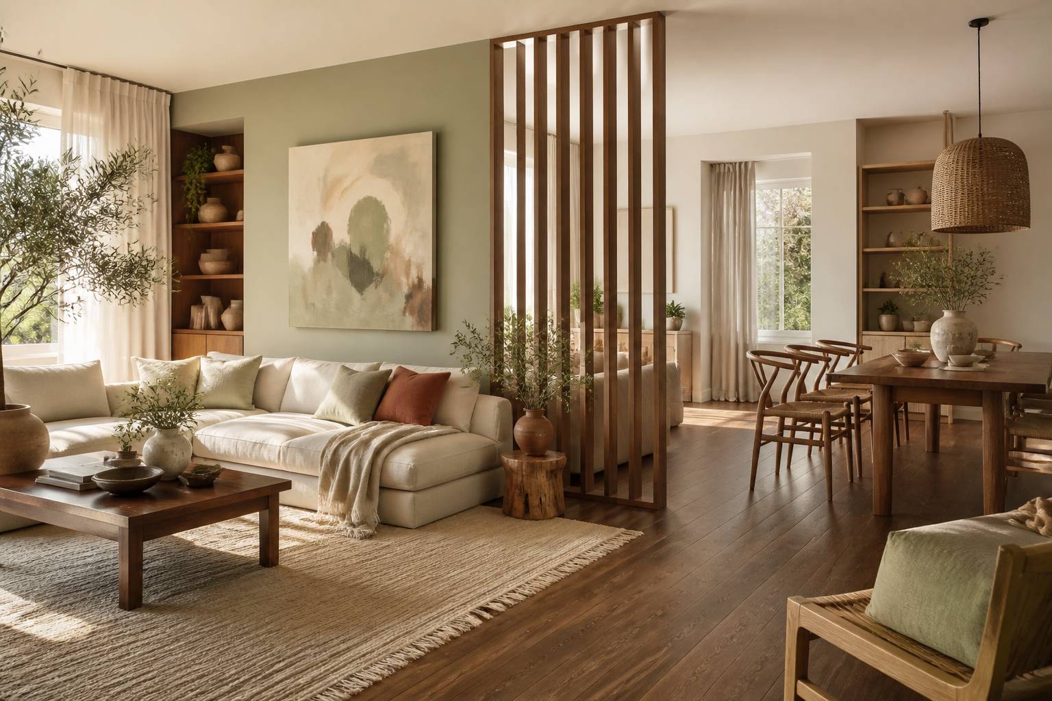 Salon en longueur avec deux zones distinctes
