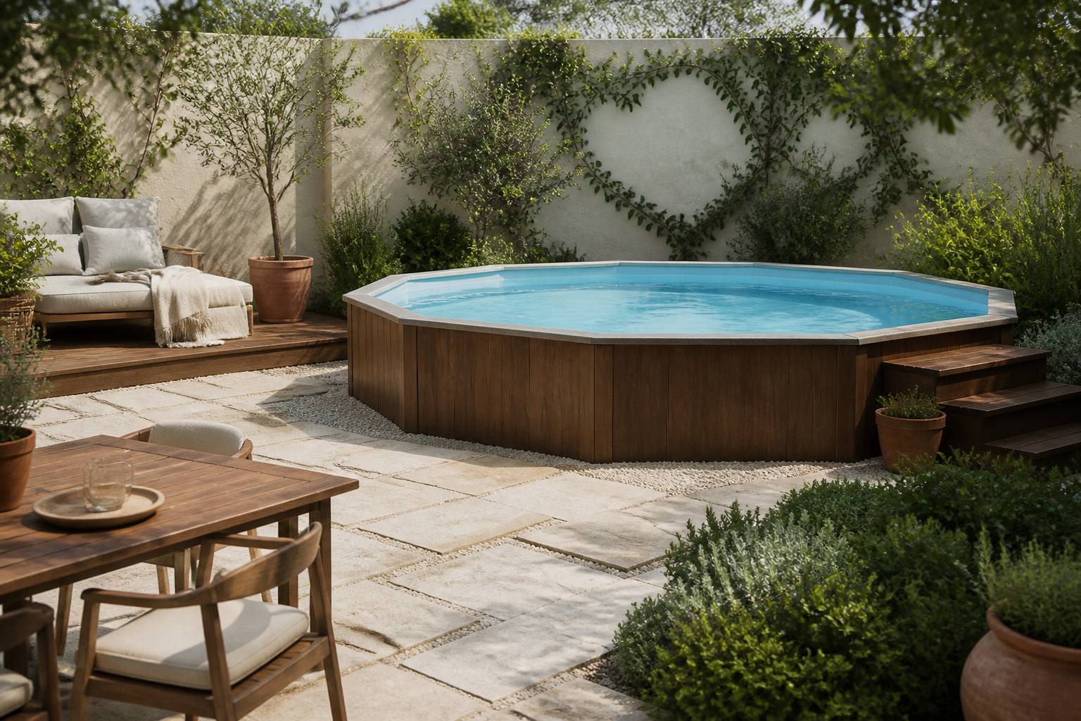 Piscine hors-sol compacte entourée de dalles et de végétation dans un jardin