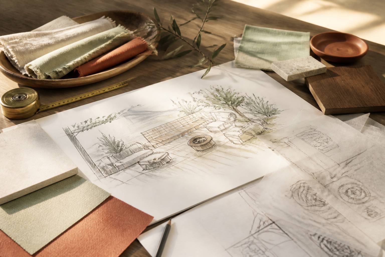 Plan d'aménagement dessiné avec échantillons de matériaux