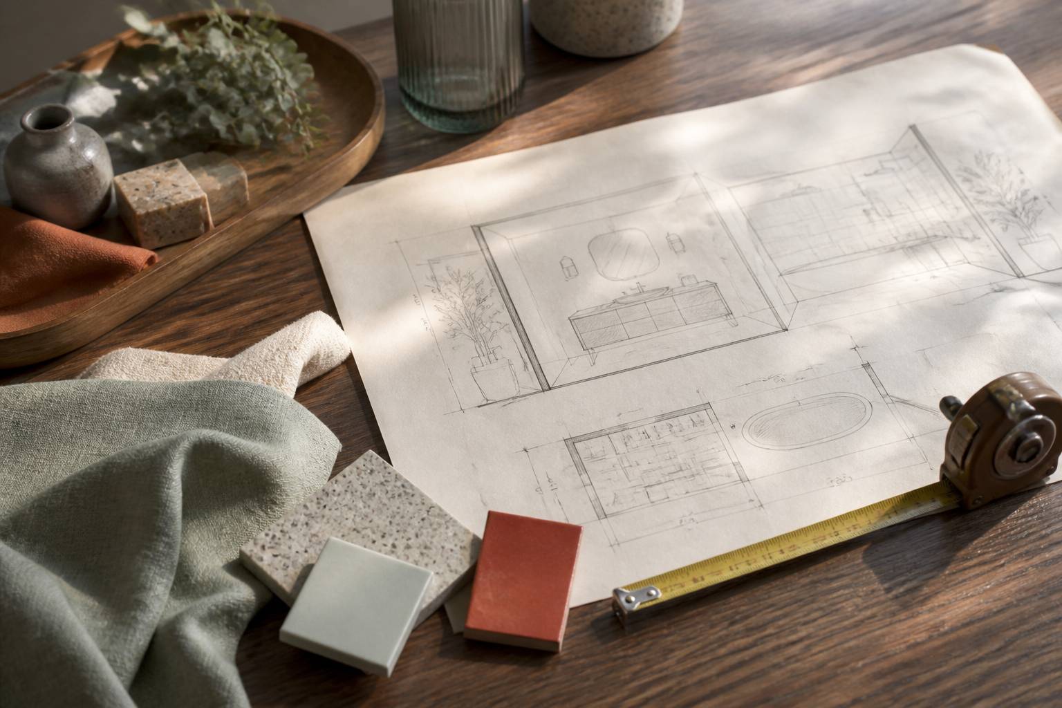 Plan d'aménagement de salle de bains avec mètre ruban et échantillons de carrelage