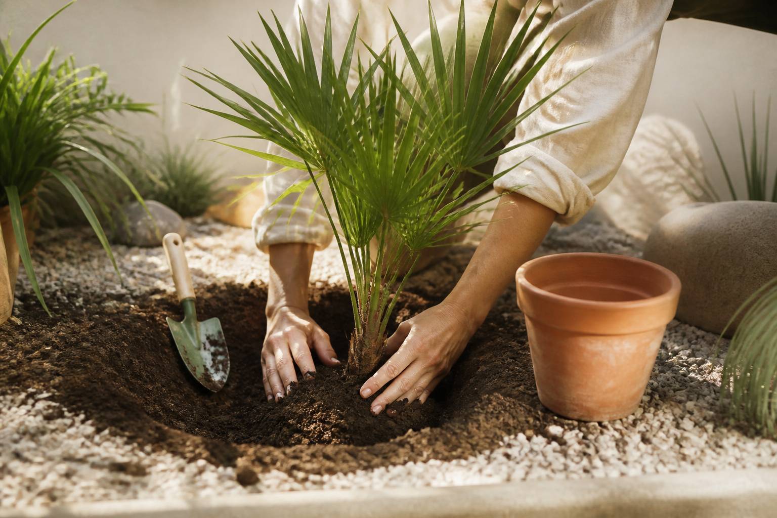 Mains plantant un jeune palmier dans un sol bien drainé