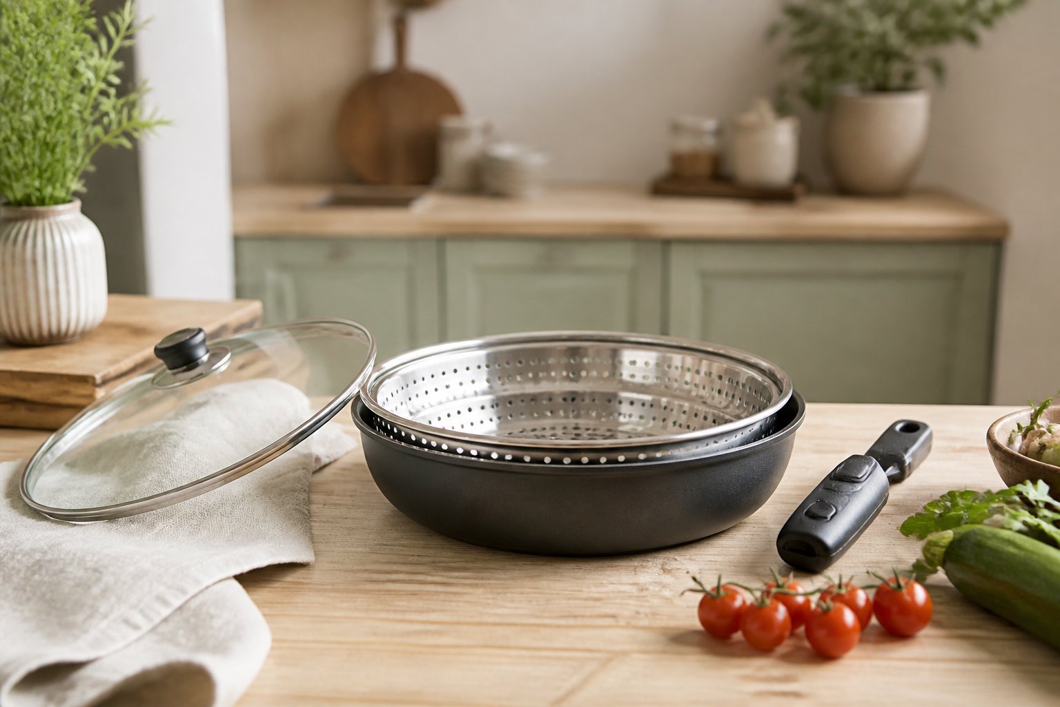 Poêle polyvalente ouverte avec panier vapeur en inox et couvercle en verre sur un plan de travail en bois