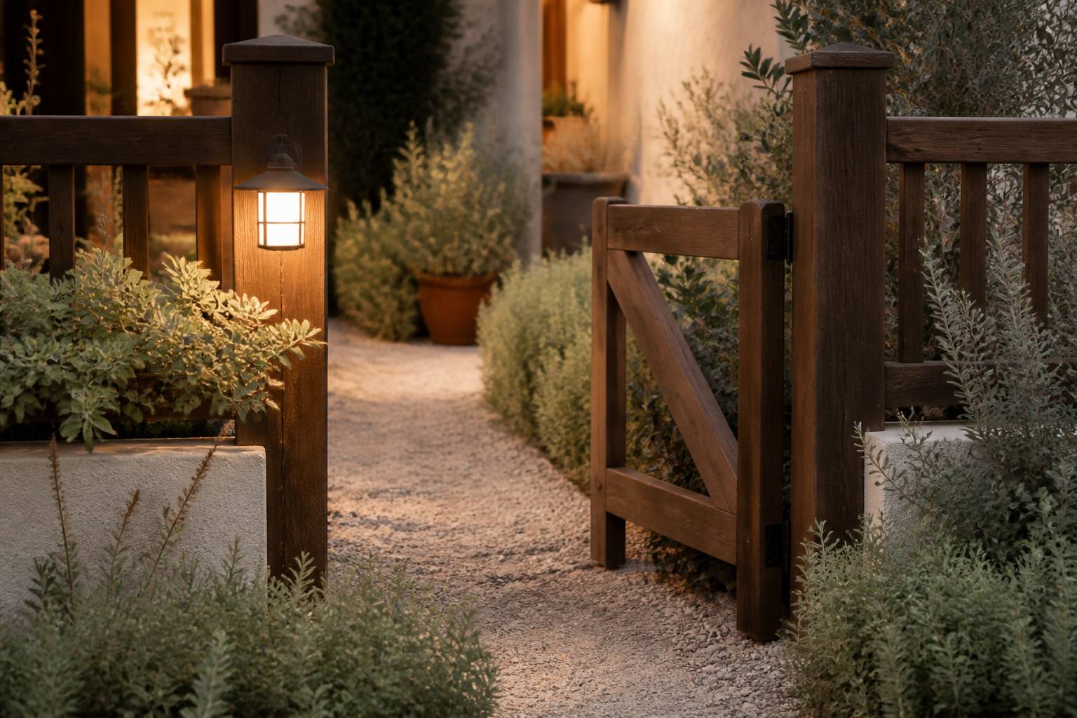 Portail avec éclairage d'allée et clôture dans une maison