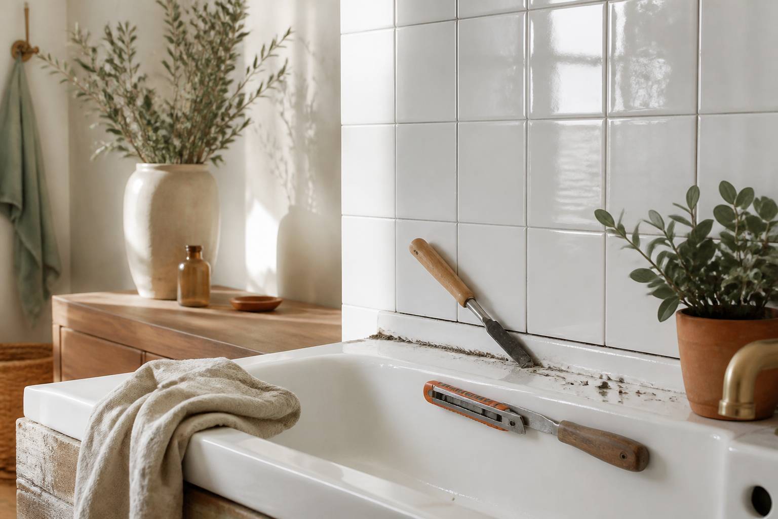 Couteau à enduire retirant un joint en silicone usé sur un carrelage blanc de salle de bain