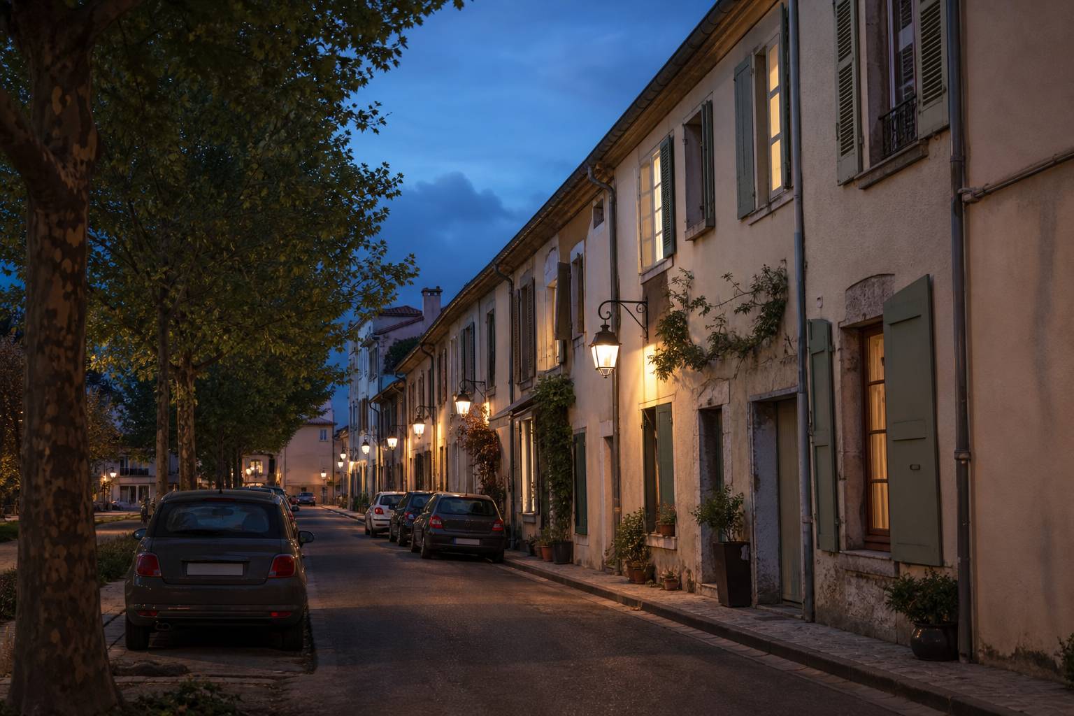 Rue résidentielle française au crépuscule avec éclairage public