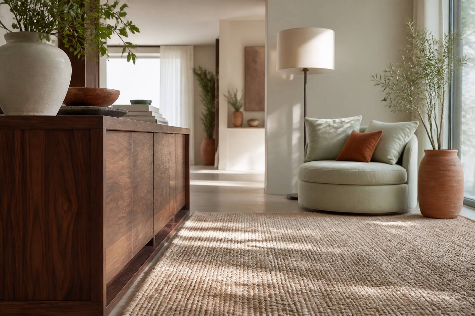 Tapis et meubles pour rythmer une pièce en longueur