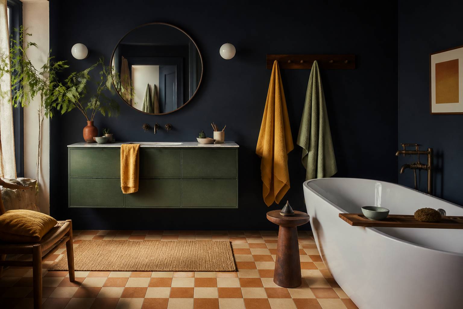 Salle de bain colorée avec mur bleu nuit, meuble vert et sol en damier