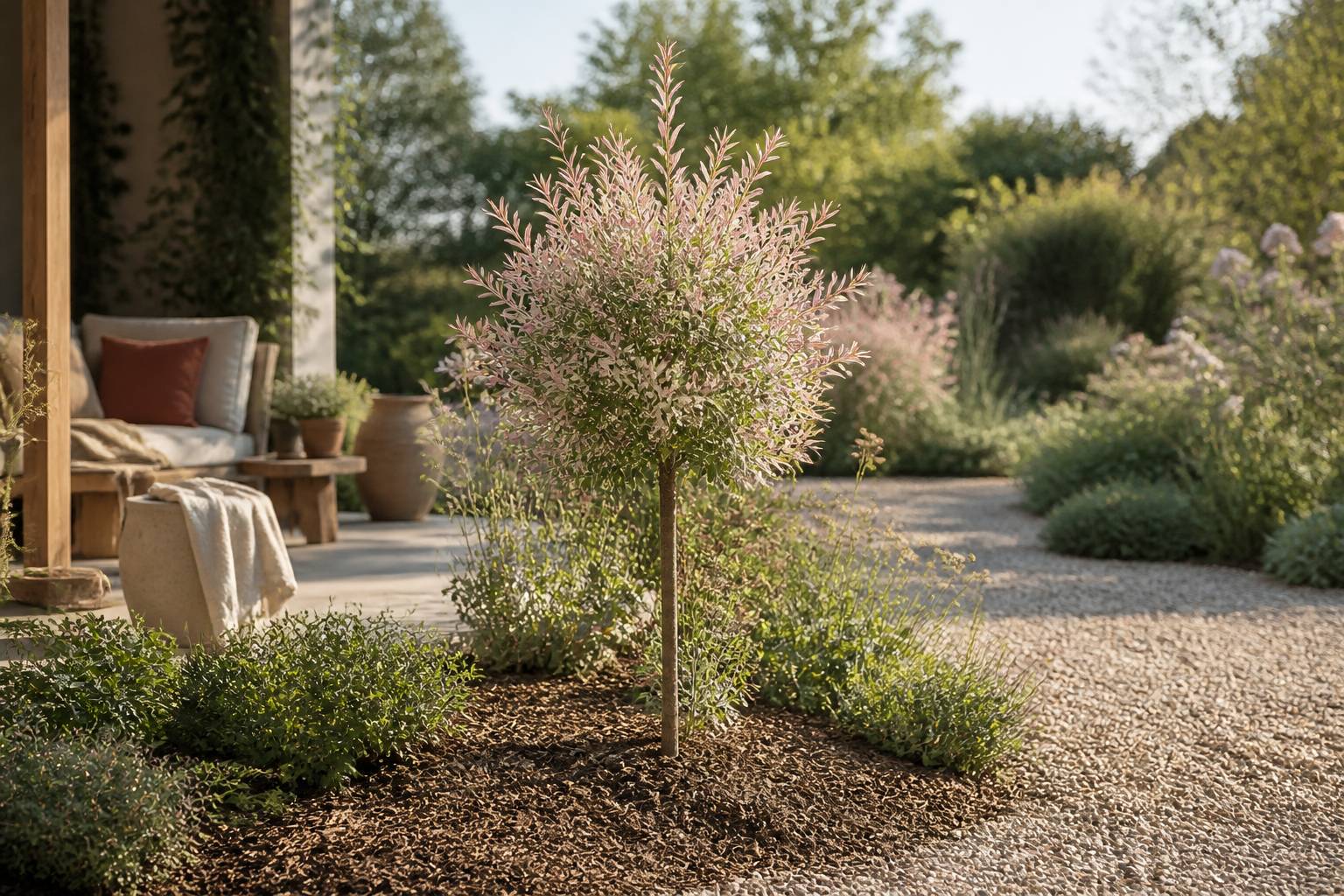 Jeune saule crevette aux feuilles rose pâle planté dans un jardin