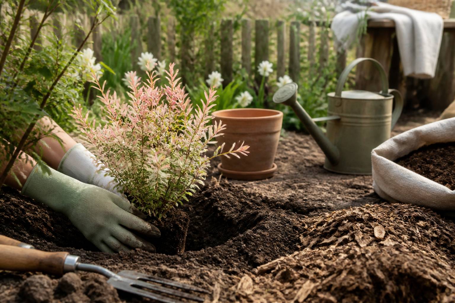 Mains gantées plantant un jeune saule crevette en pleine terre