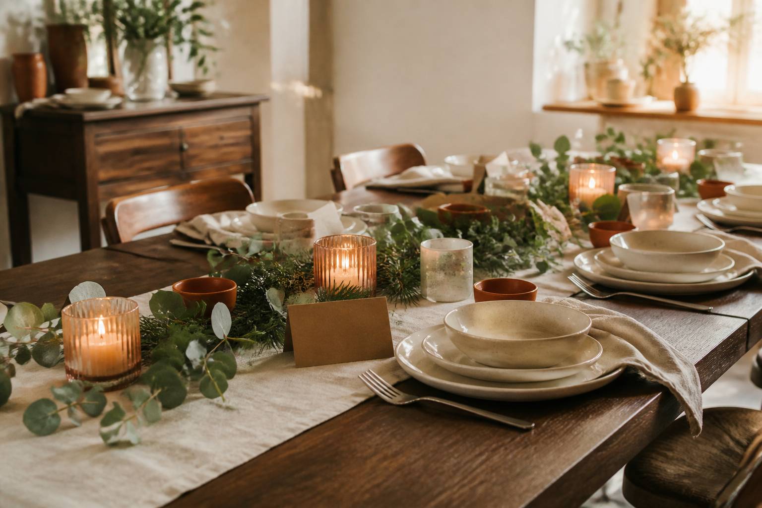 Table de Noël décorée à la main avec branches de sapin et bougies