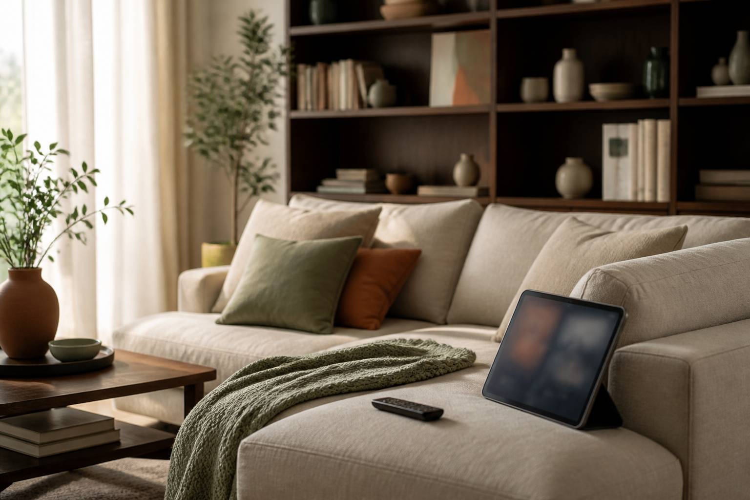 Tablette et télécommande posées sur un canapé au salon
