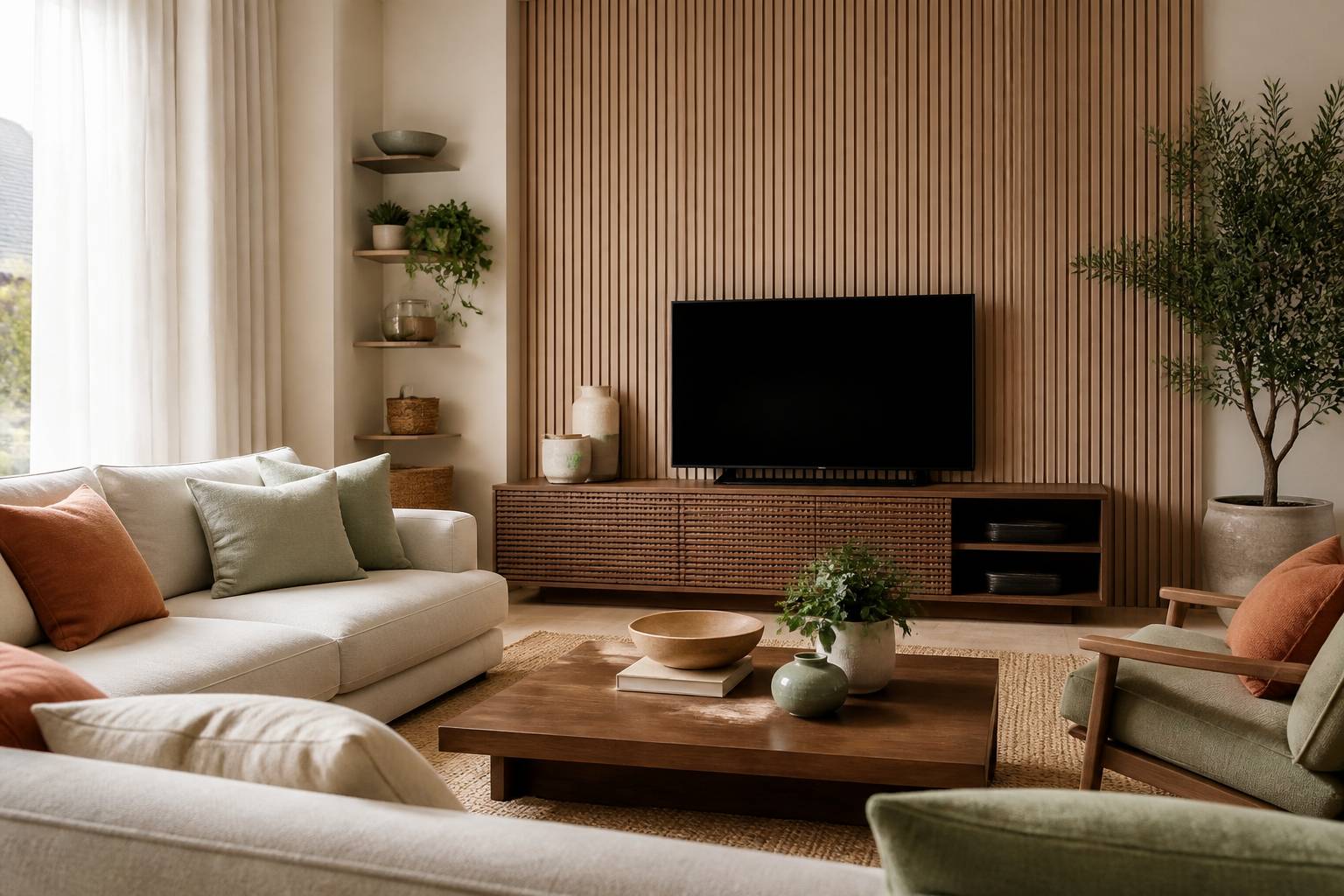 Mur habillé de tasseaux en bois derrière un meuble TV dans un salon clair