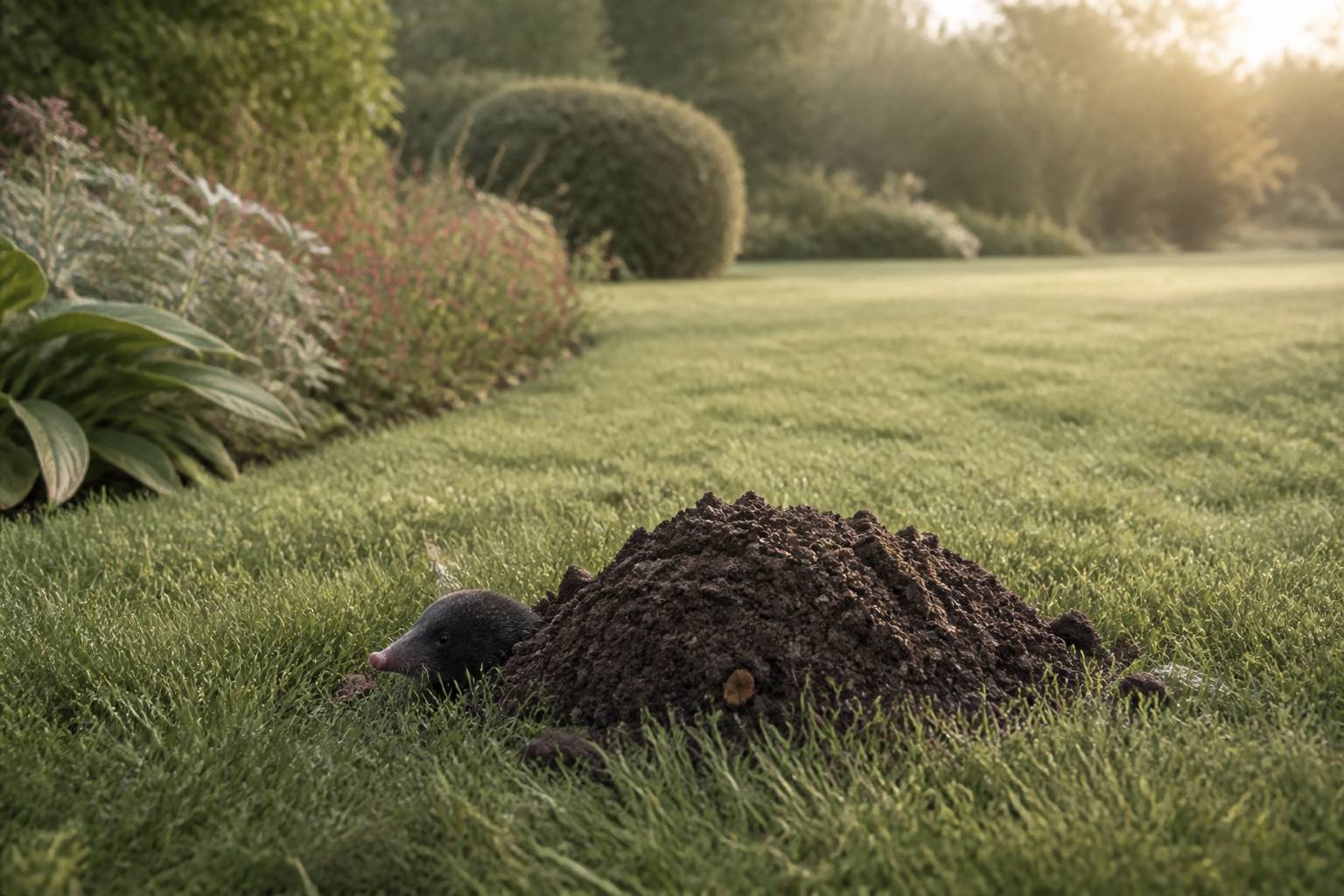 Taupe au pelage sombre sortant la tête près d'une butte de terre dans un jardin