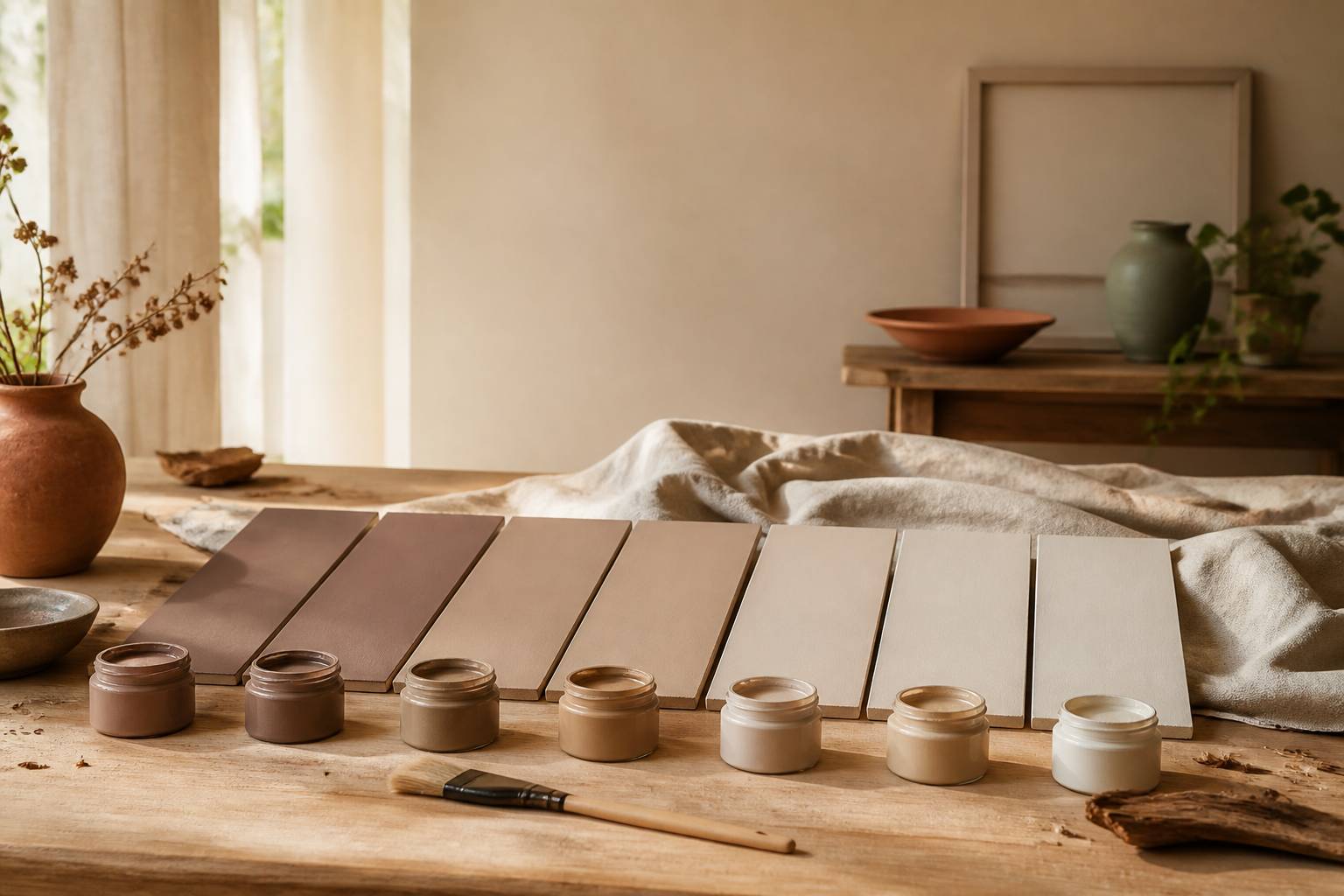 Échantillons de peinture marron clair du caramel au sable avec pinceau et pots de peinture ouverts