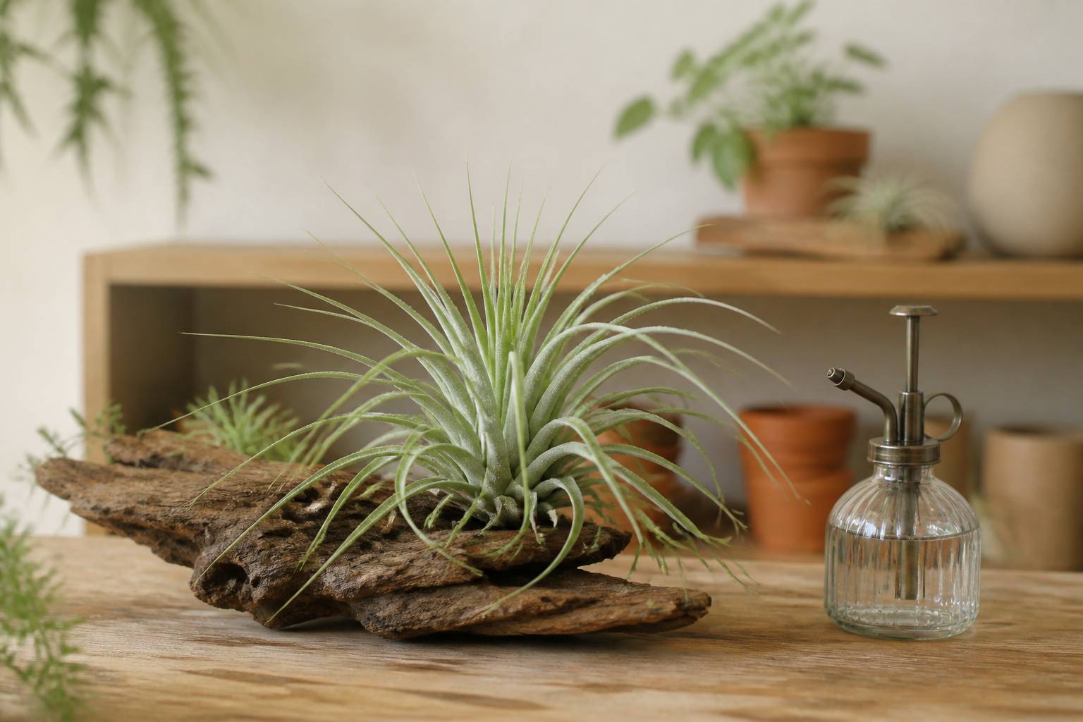 Tillandsia aux feuilles vert argenté fixé sur bois brut avec gouttelettes de brumisation