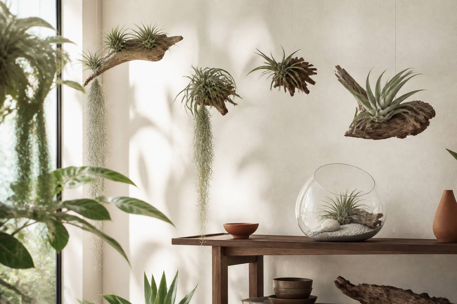 Tillandsias suspendus sur bois flotté dans un intérieur contemporain lumineux avec terrarium en verre