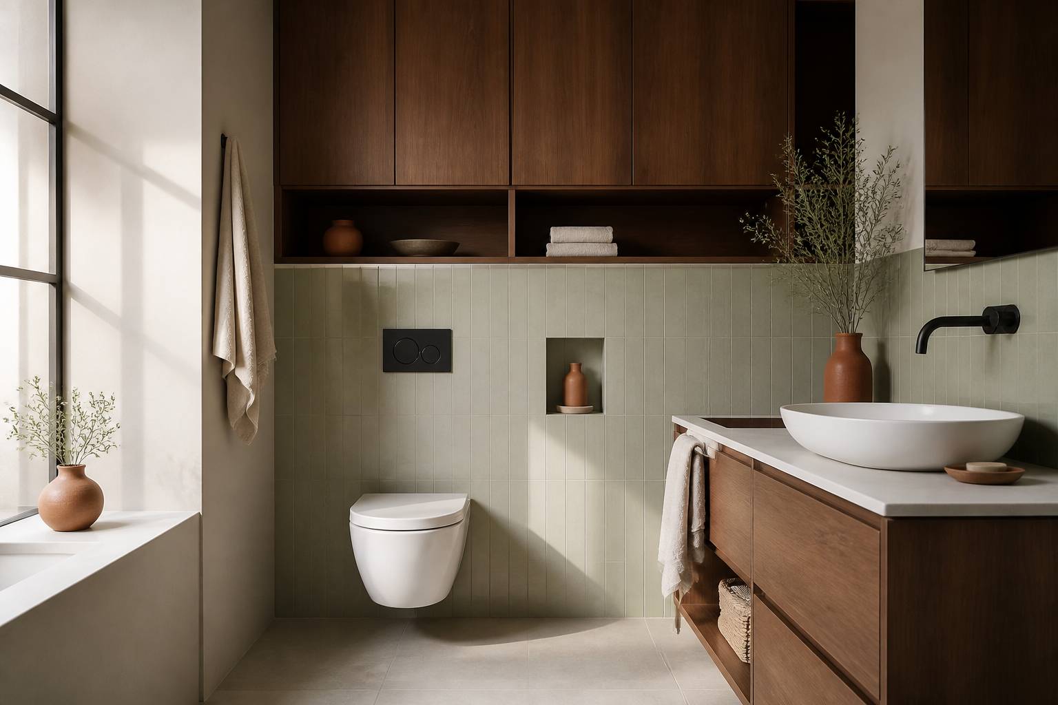 Salle de bains moderne avec WC suspendus intégrés dans un coffrage carrelé