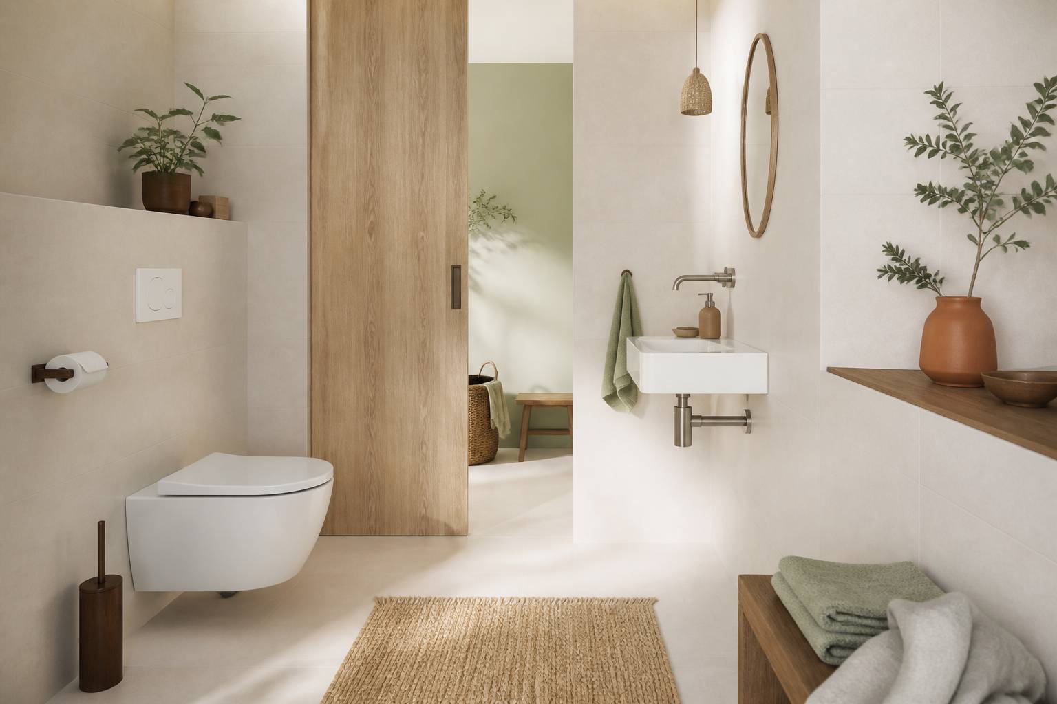Toilettes suspendues et lave-mains compact dans une salle de bains moderne