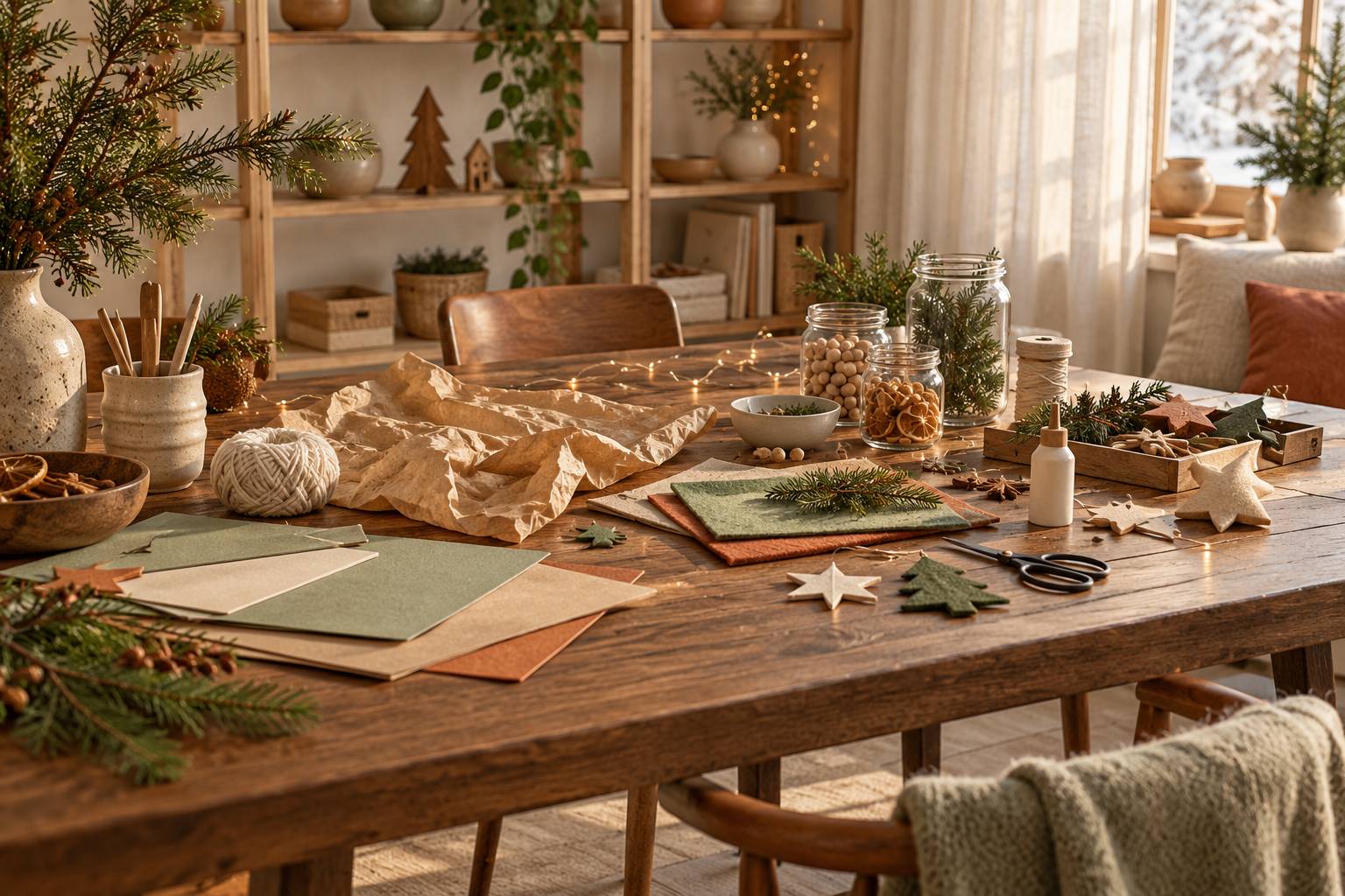 Table d'atelier creatif de Noel avec papier kraft, feutrine et bobines de laine