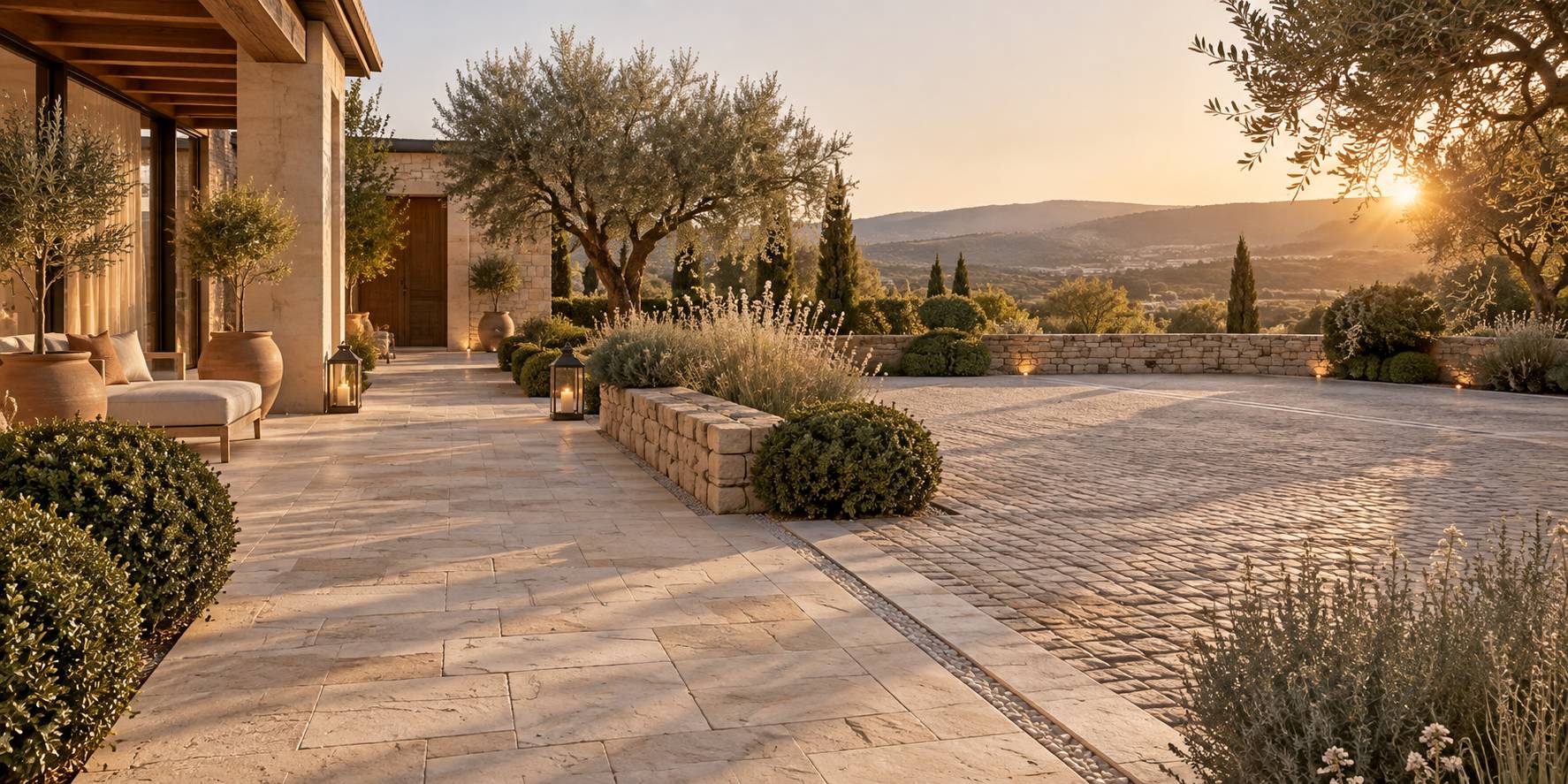 Allée pavée et massifs de plantes devant la façade d'une maison avec éclairage extérieur