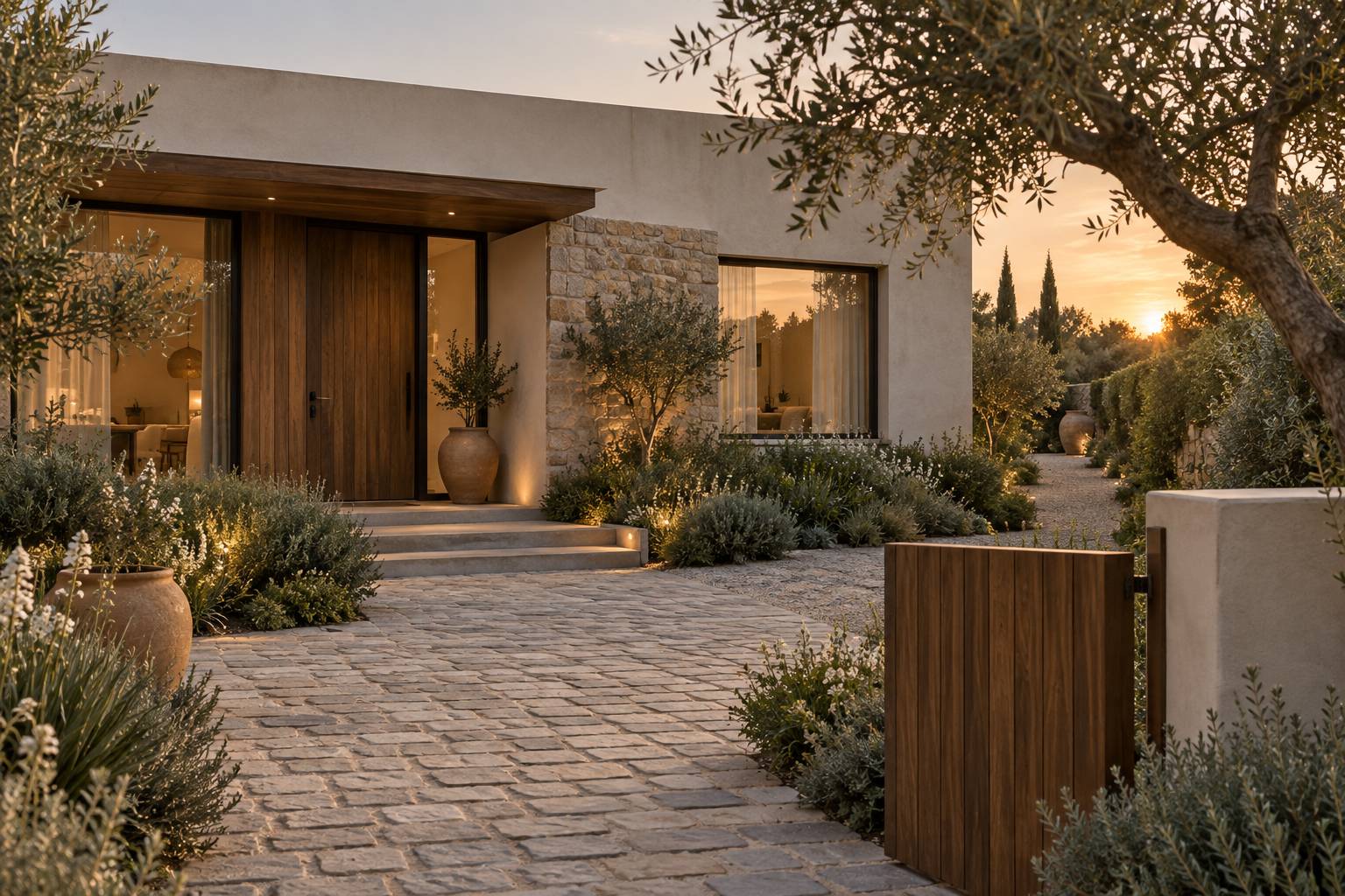 Allée pavée et massifs de plantes devant la façade d'une maison avec éclairage extérieur