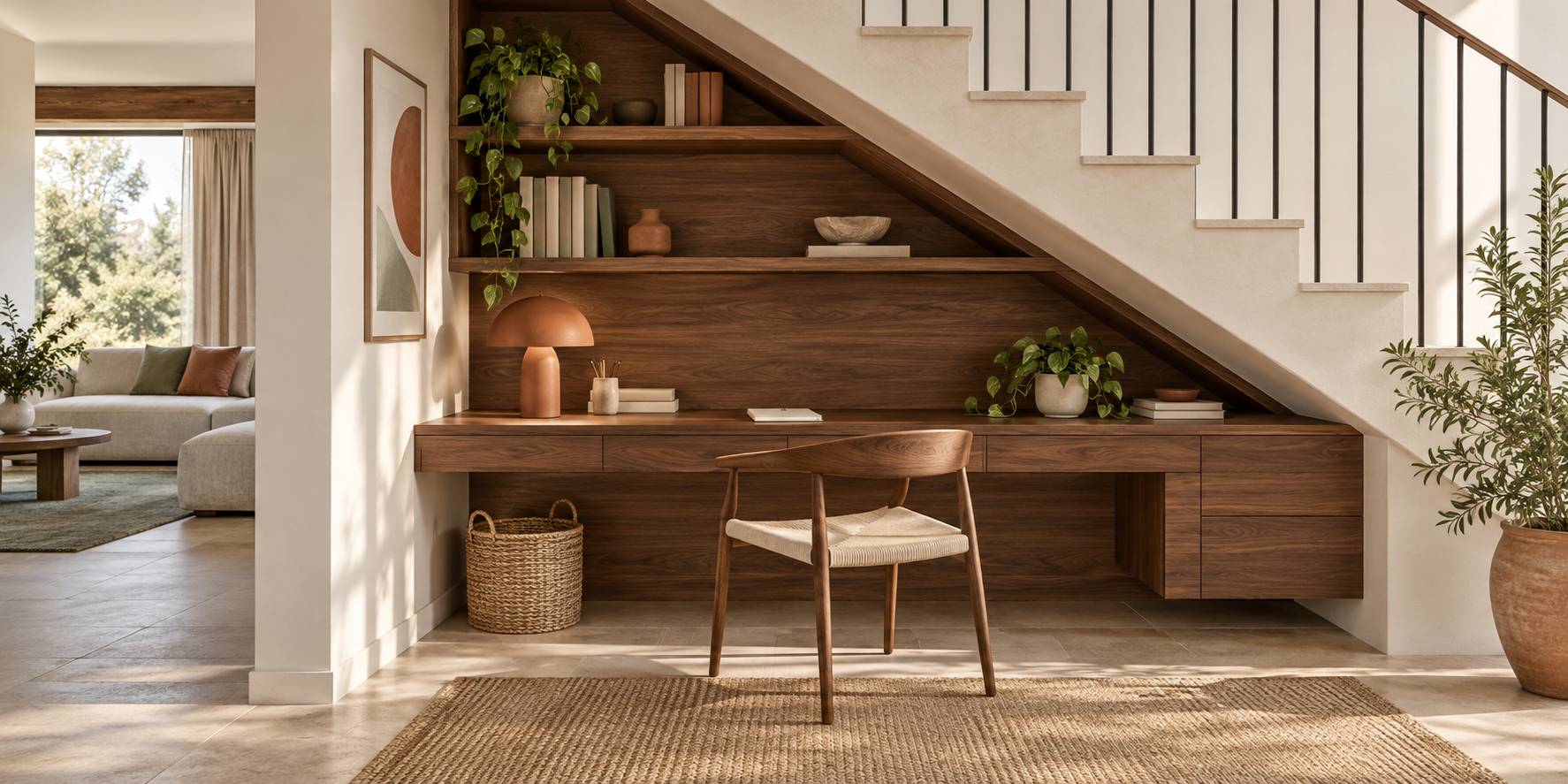 Bureau aménagé sous un escalier avec plan de travail en bois et étagères