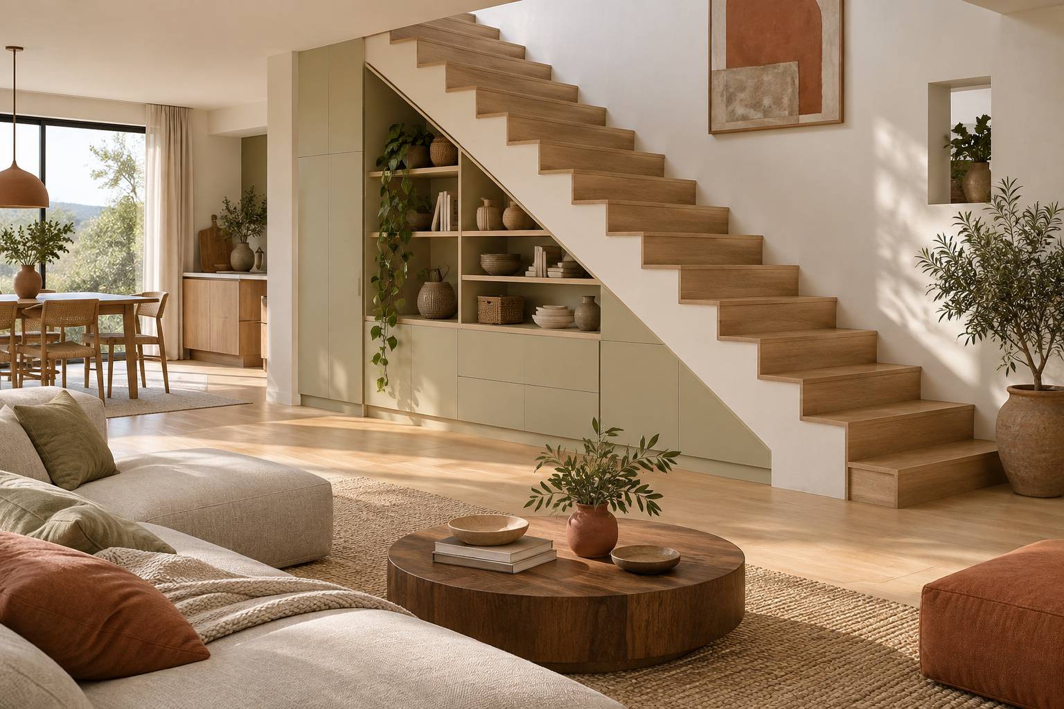 Escalier en bois clair avec rangements intégrés et paniers en osier