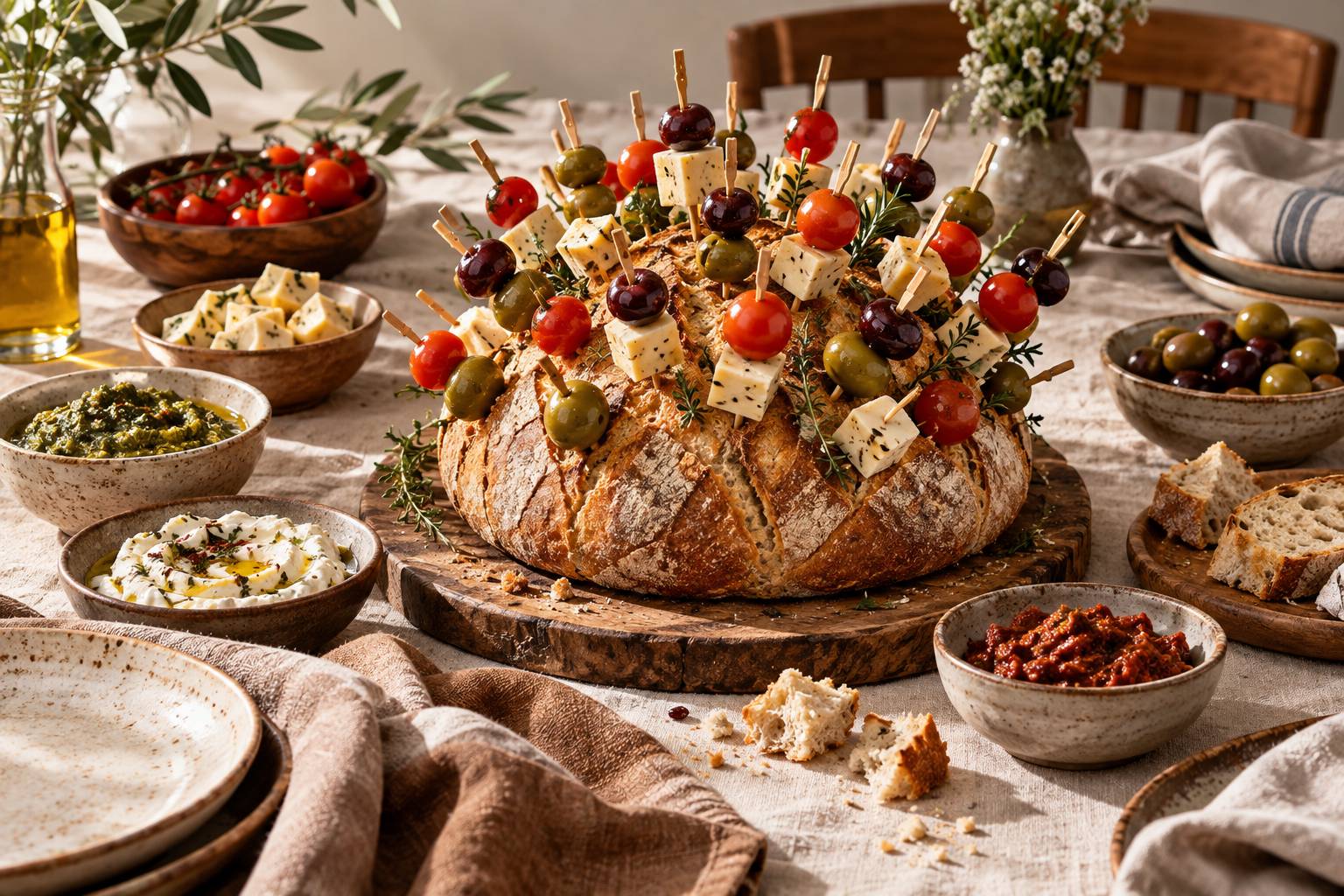 Herisson apéritif en pain de campagne garni de piques, olives et tomates cerises