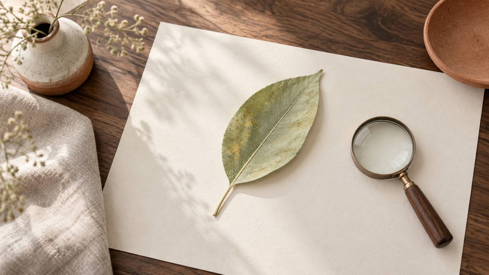 Feuille tachee posee sur un papier clair avec une petite loupe