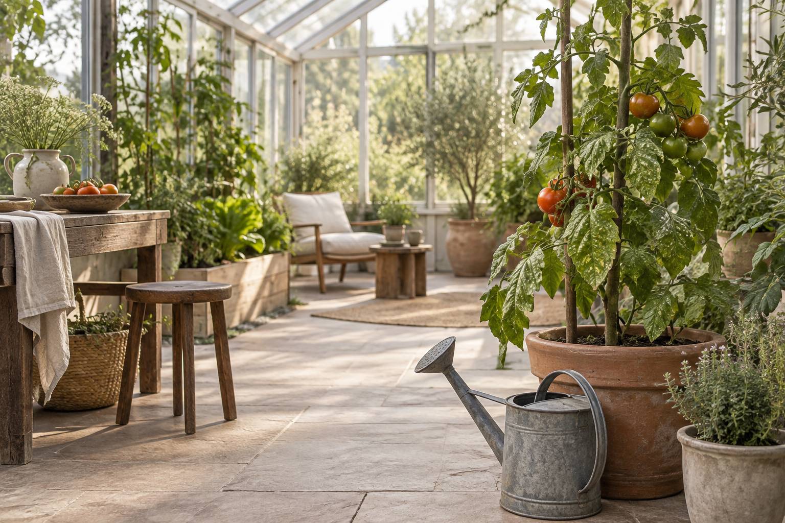 Pied de tomate en pot aux feuilles marquees dans un potager abrite et lumineux