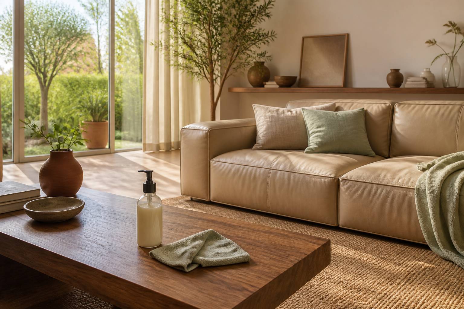 Canapé en cuir beige près d'une baie vitrée avec chiffon doux et savon neutre