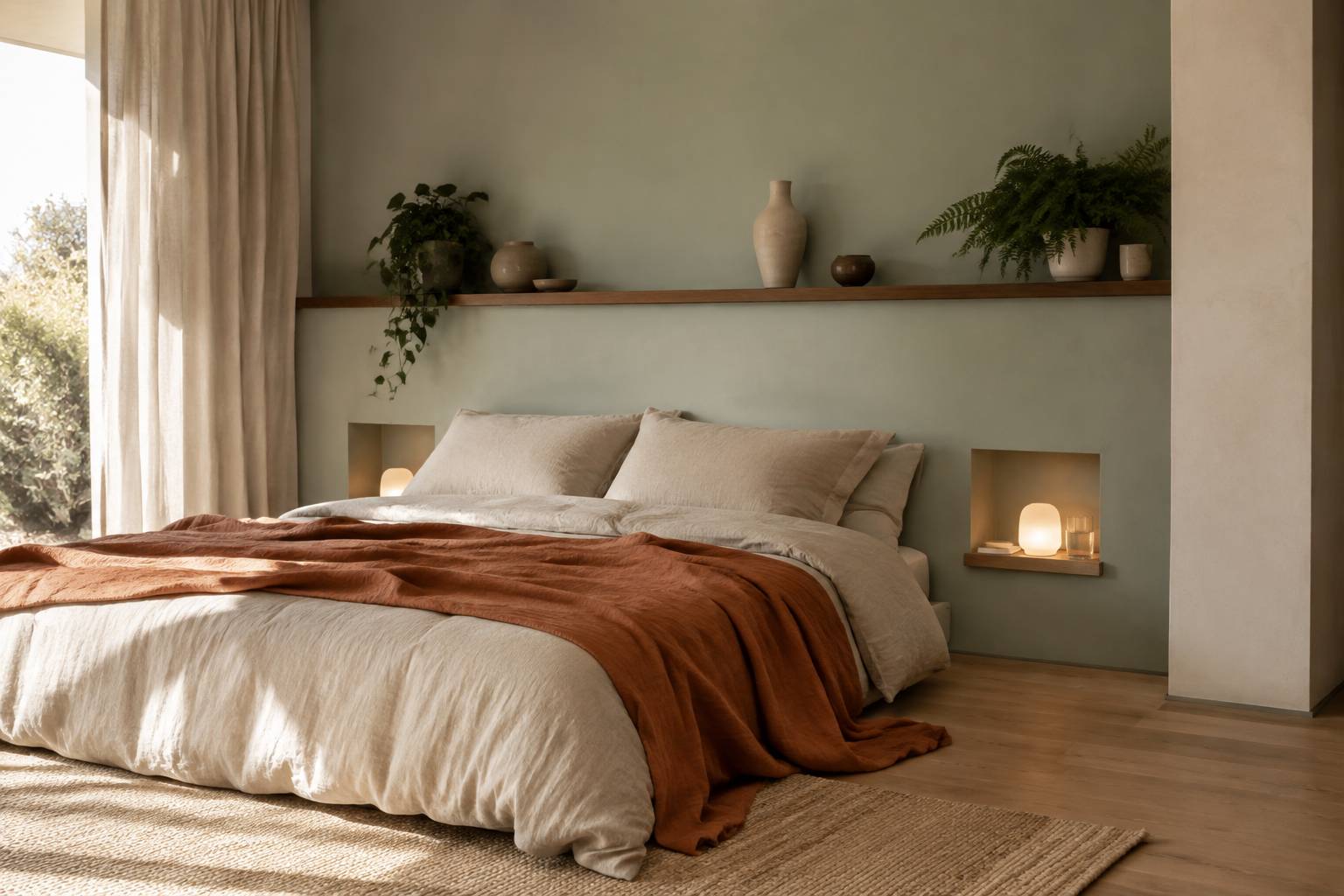 Chambre lumineuse avec niche murale et étagère flottante à la place des tables de nuit, linge en lin