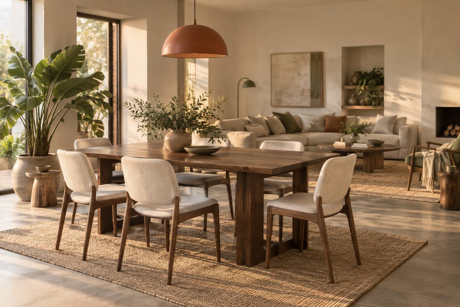 Coin salle à manger avec table en bois, suspension et tapis naturel