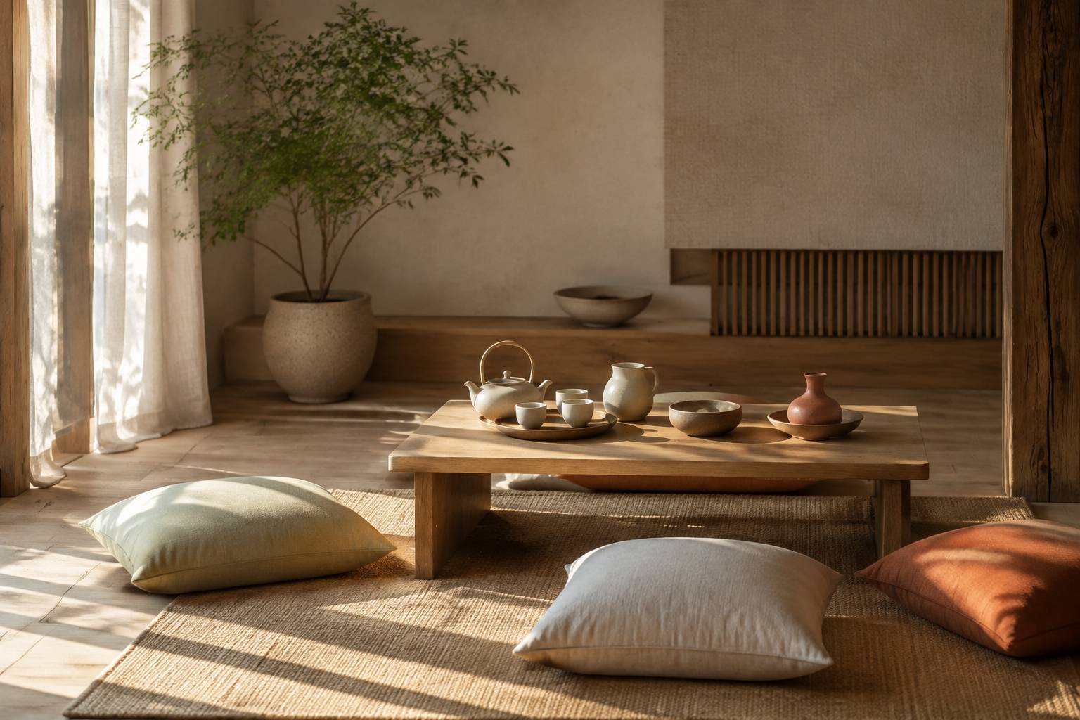 Coin zen avec table basse en bois et service à thé en céramique