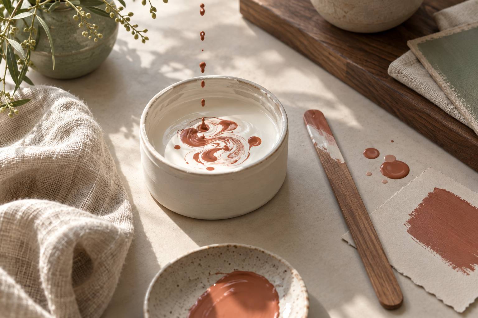 Gouttes de colorant concentre versees dans un pot de peinture blanche