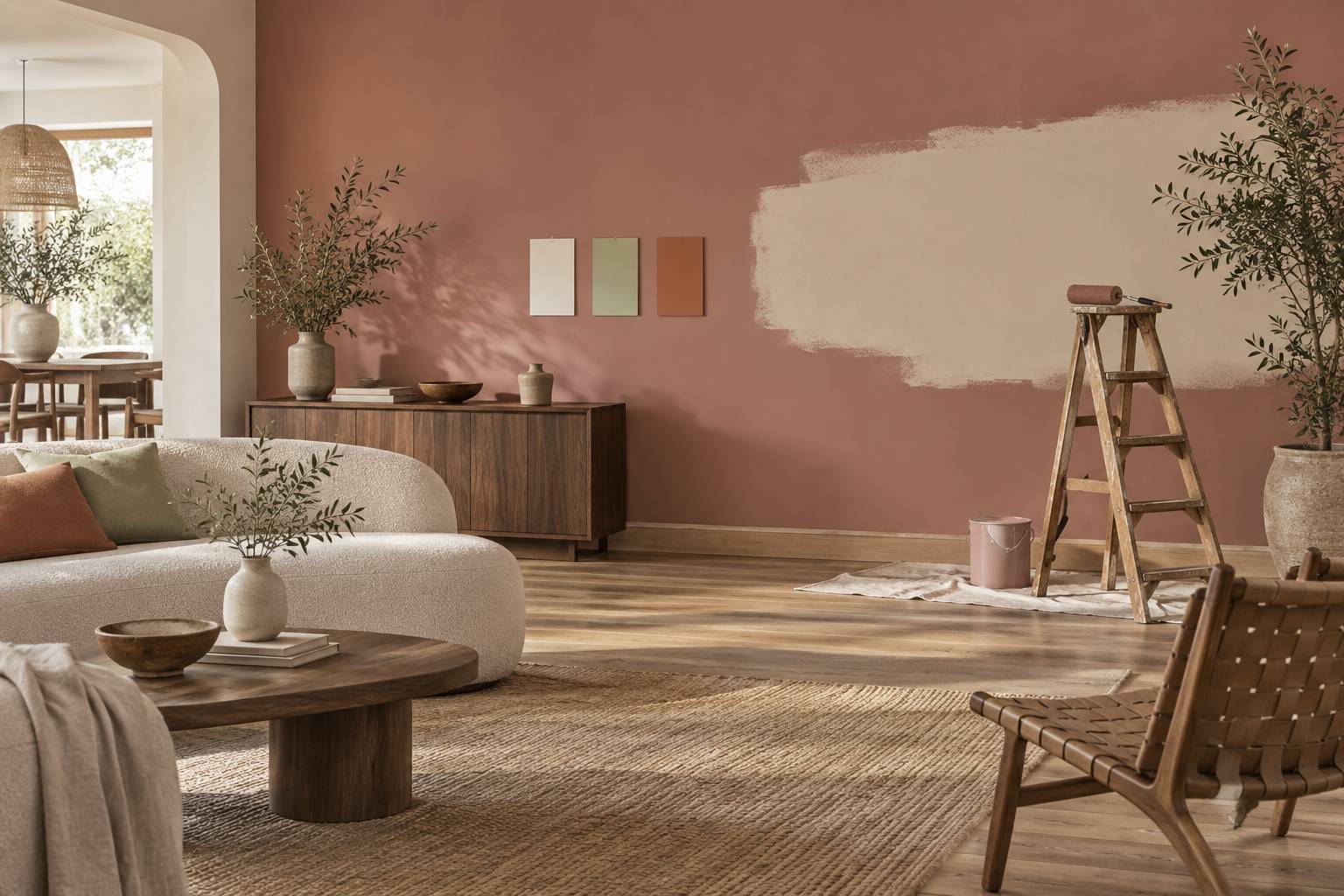 Mur peint en rose bois de rose avec rouleau et bandes de test