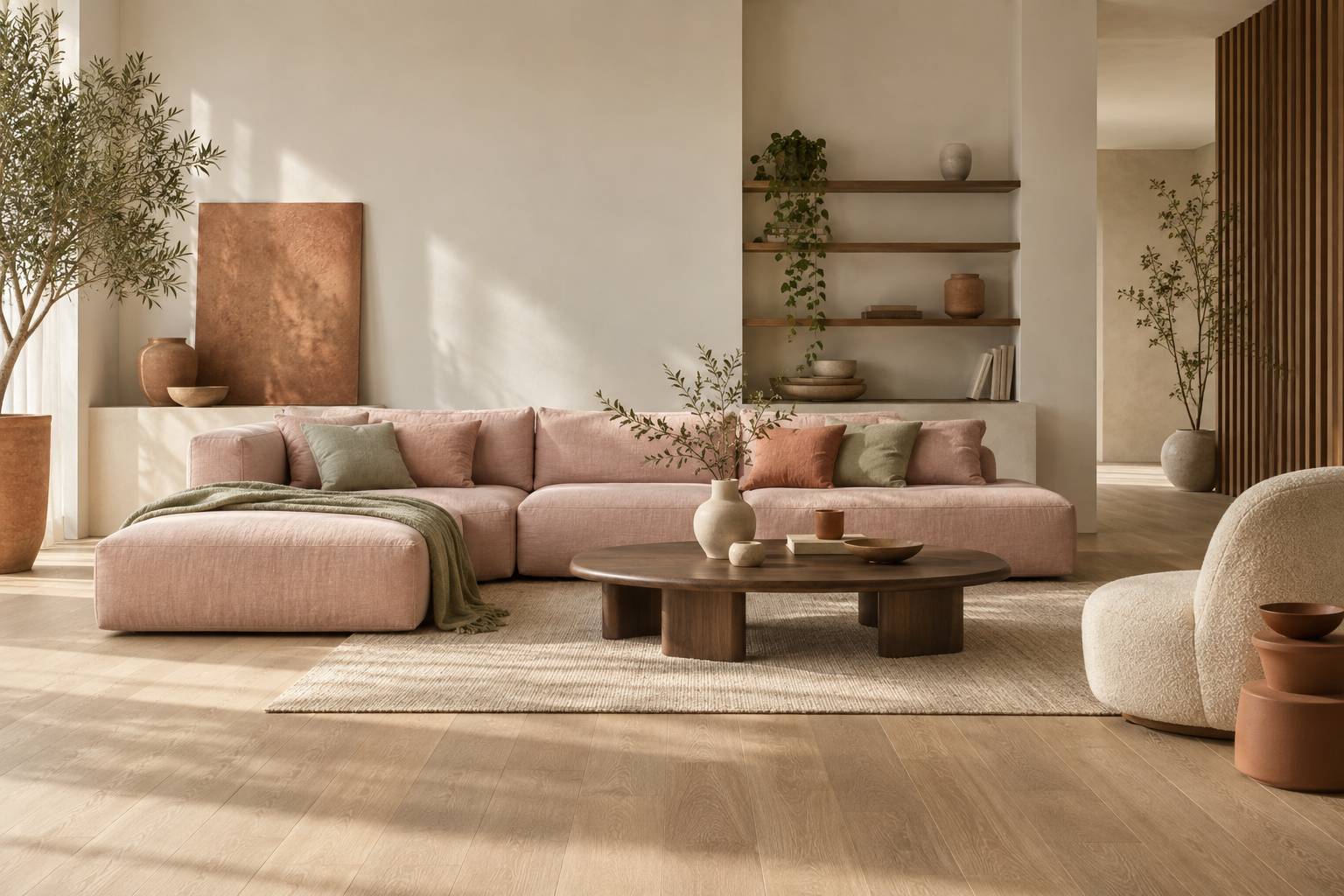 Salon contemporain aux tons rose poudré avec canapé bas en lin