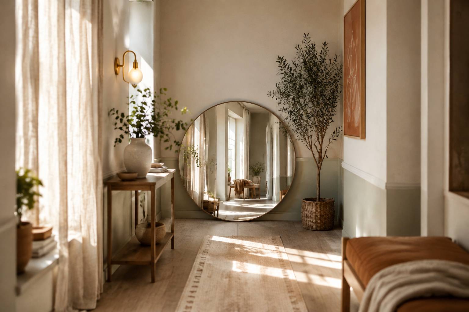 Couloir aménagé en espace cosy avec miroir rond, console en bois et plante retombante