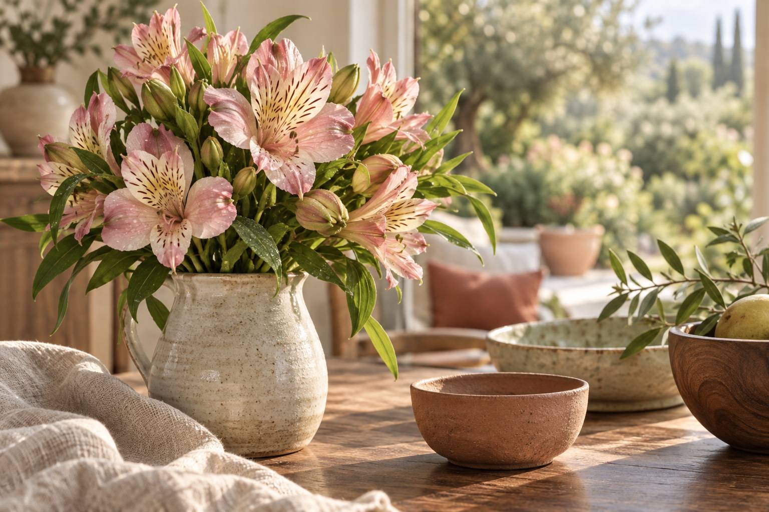 Détail de fleurs d'alstroemeria striées rose et crème dans un jardin