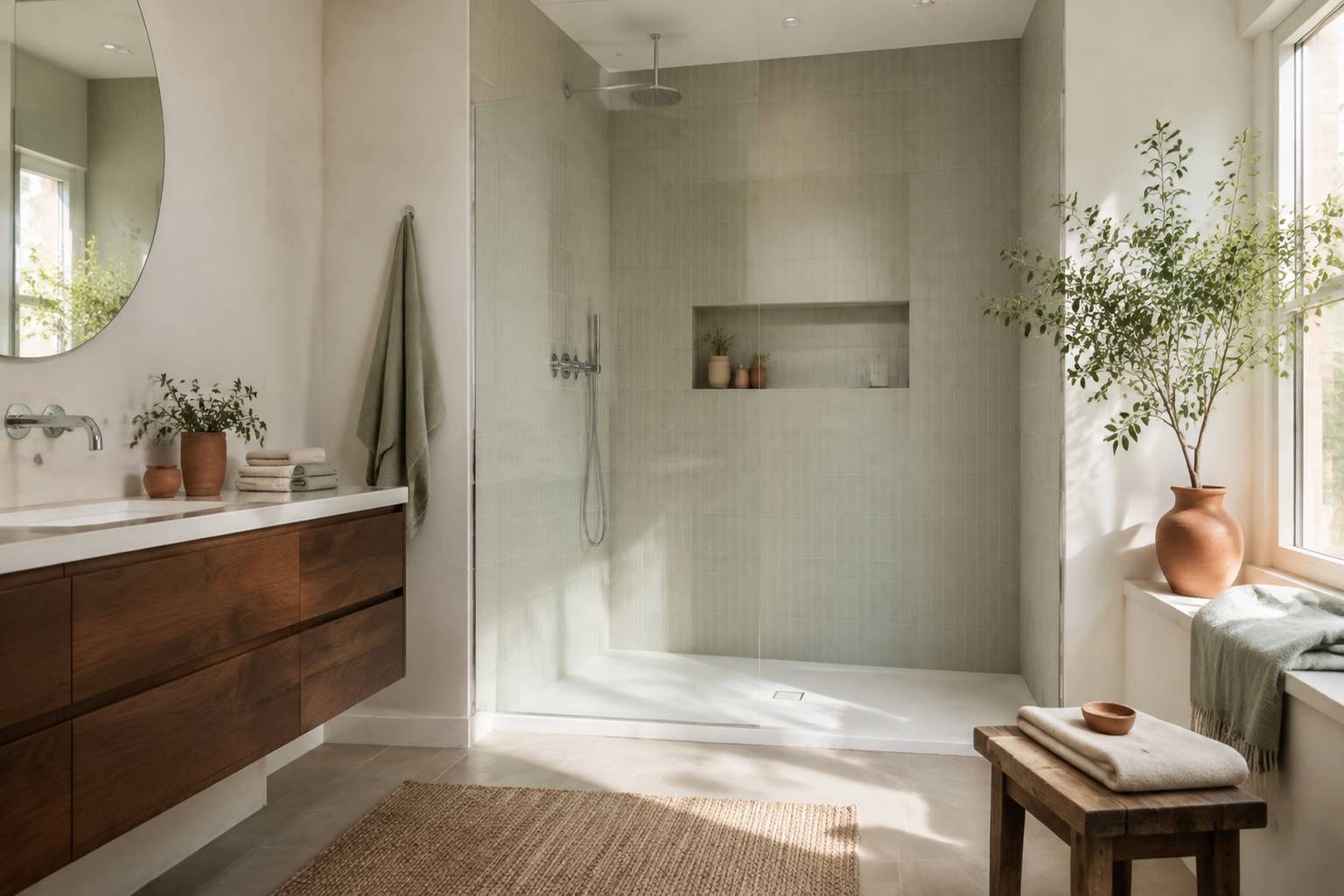 Paroi de douche en verre sans traces dans une salle d'eau claire et lumineuse
