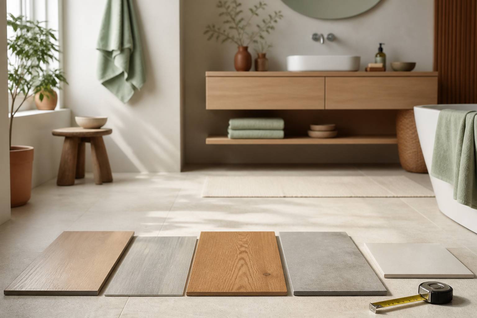 Échantillons de revêtements de sol posés sur un carrelage clair, grès cérame effet bois, vinyle et parquet