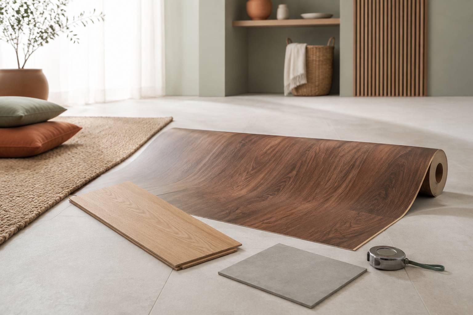 Échantillons de sols vinyle effet bois, stratifié et dalle PVC effet béton avec mètre ruban