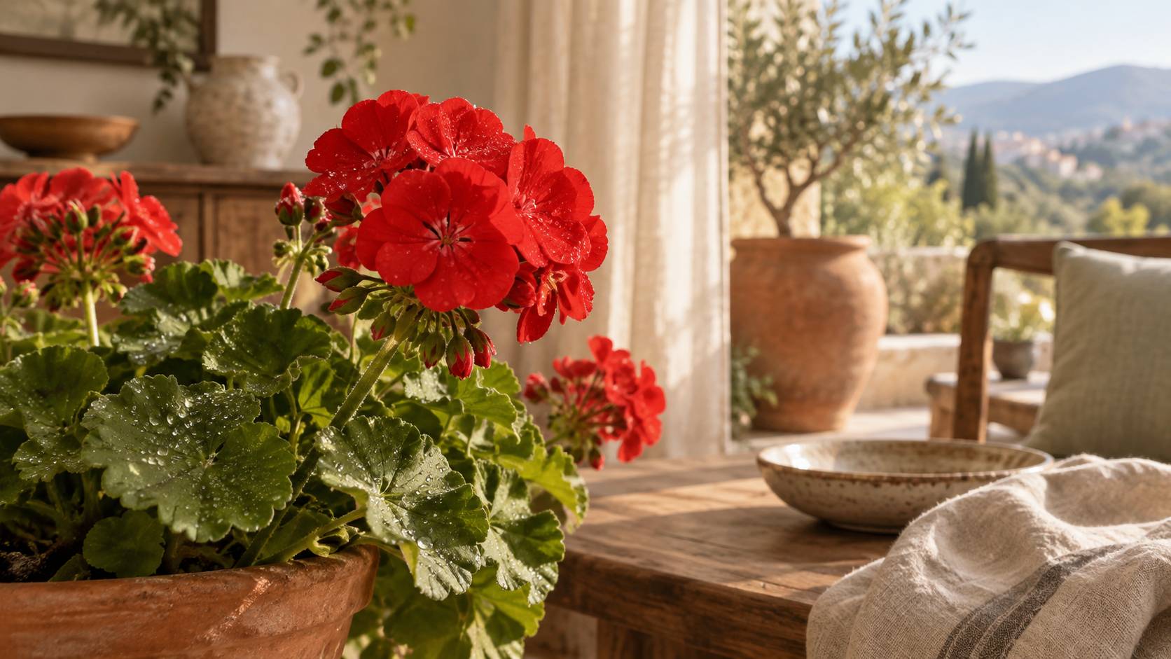 Fleurs de geranium rouges en gros plan avec gouttes d'eau sur les feuilles