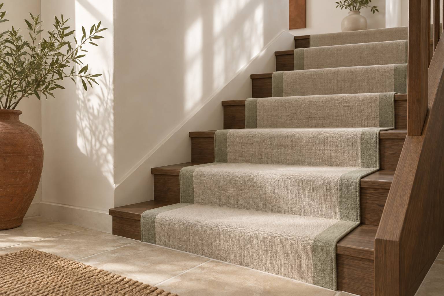 Marches d'escalier en bois recouvertes d'un revêtement textile fixé