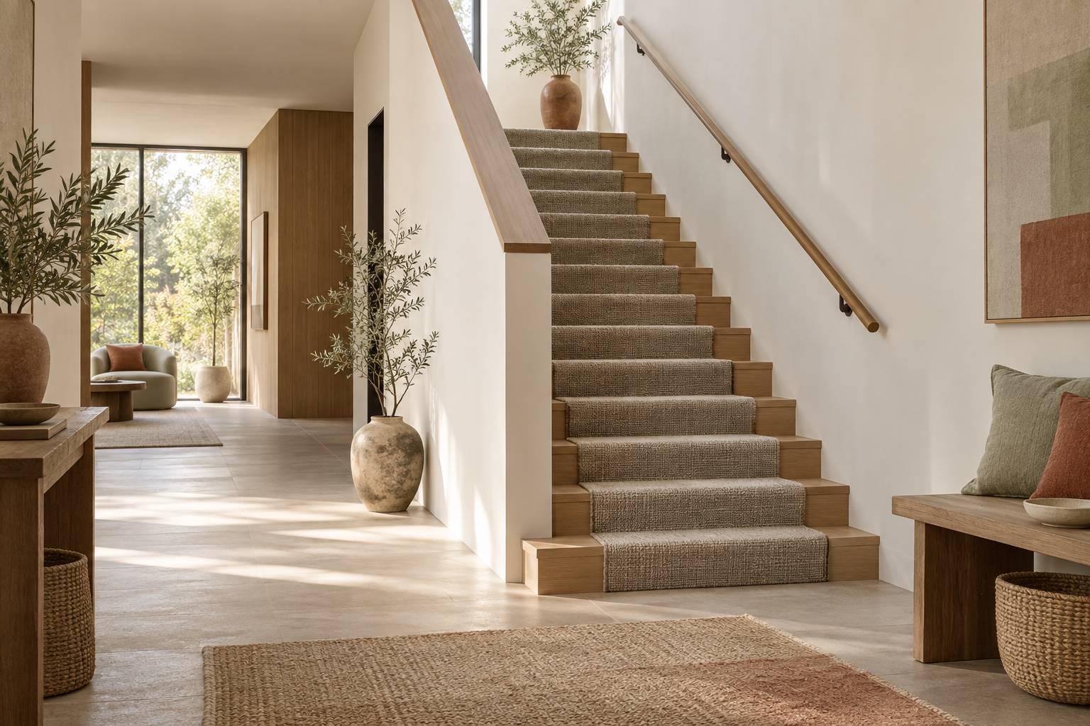 Escalier en bois clair équipé d'un tapis de marche textile épais