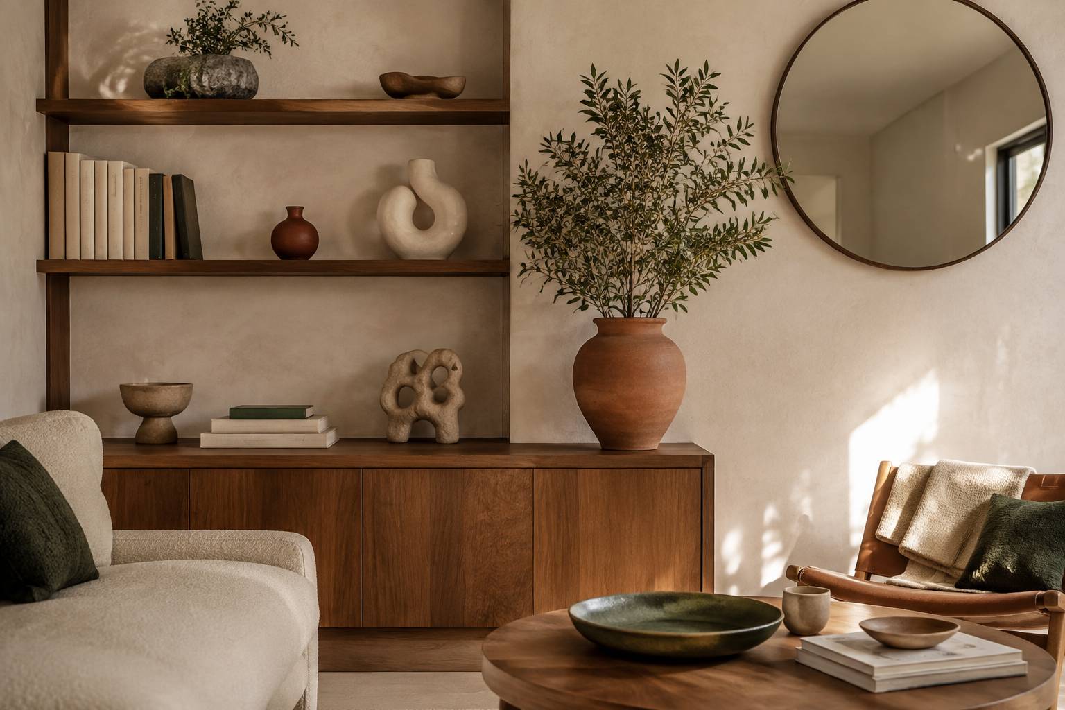 Étagère décorative en bois avec vase terracotta, livres neutres et miroir rond