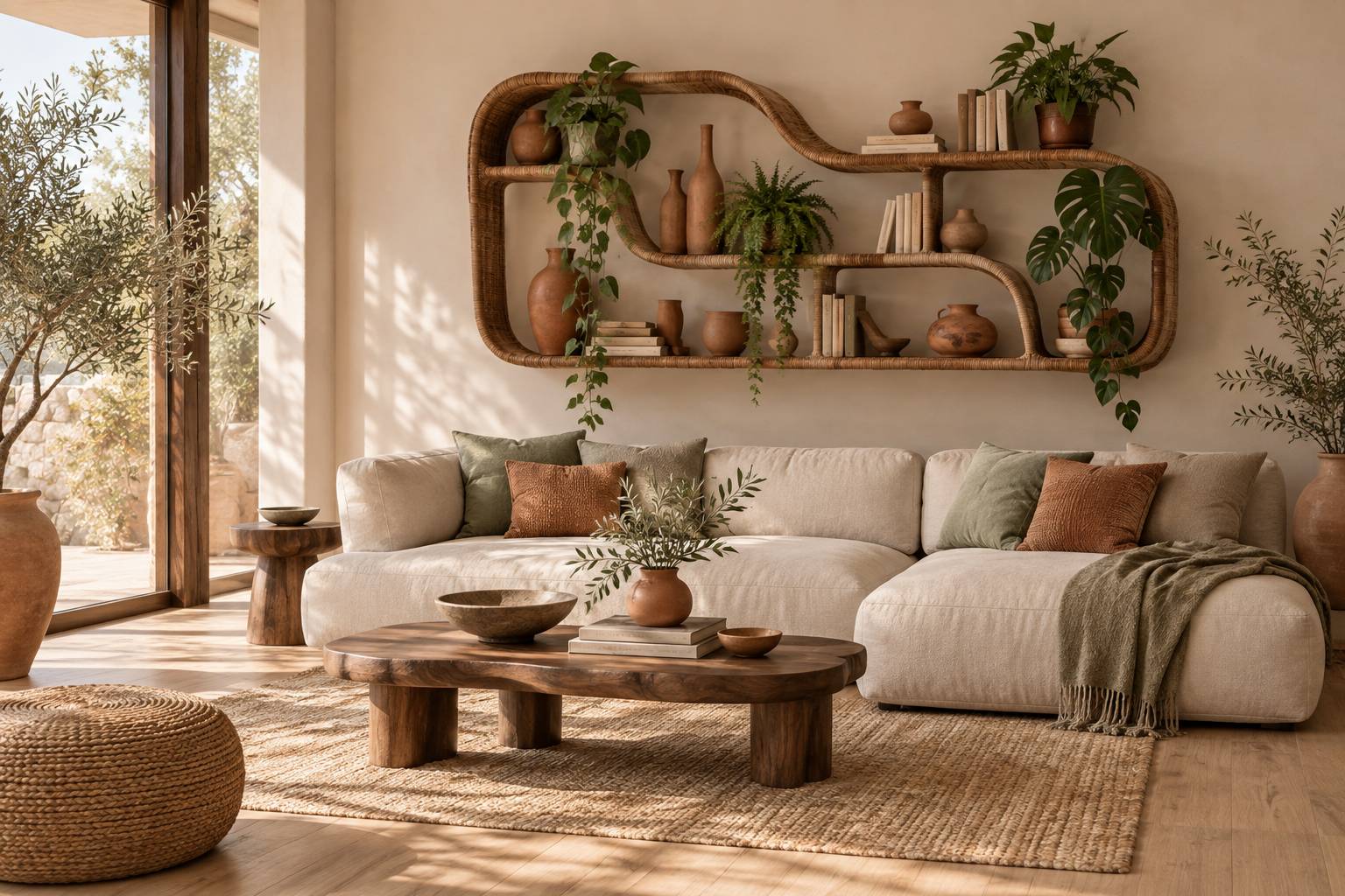 Étagère en rotin garnie de plantes et vases en terre cuite dans un salon lumineux